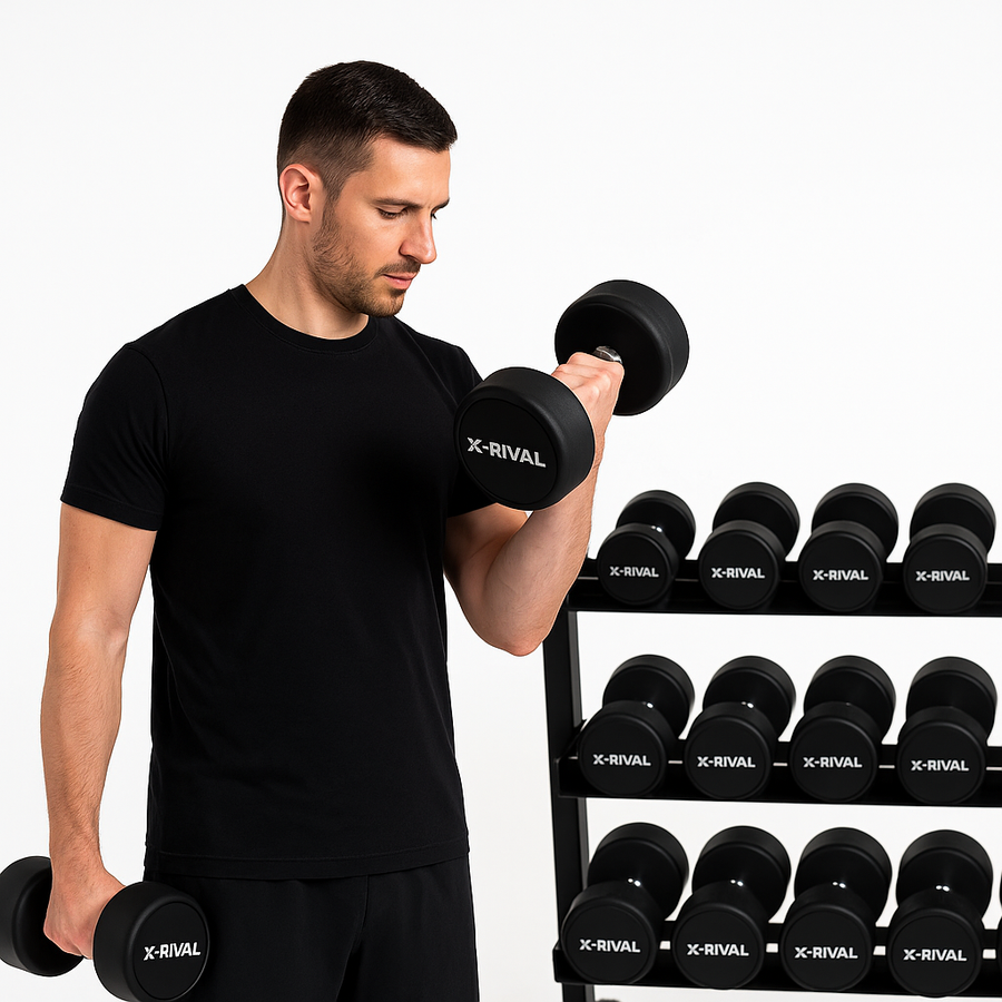 Man lifting X-Rival Commercial Round Head Dumbbell in gym with dumbbell rack in background.