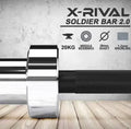 X-RIVAL Soldier Bar 2.0 Olympic barbell with chrome finish, featuring 20kg weight, 28mm shaft, and 1.2mm knurling.
