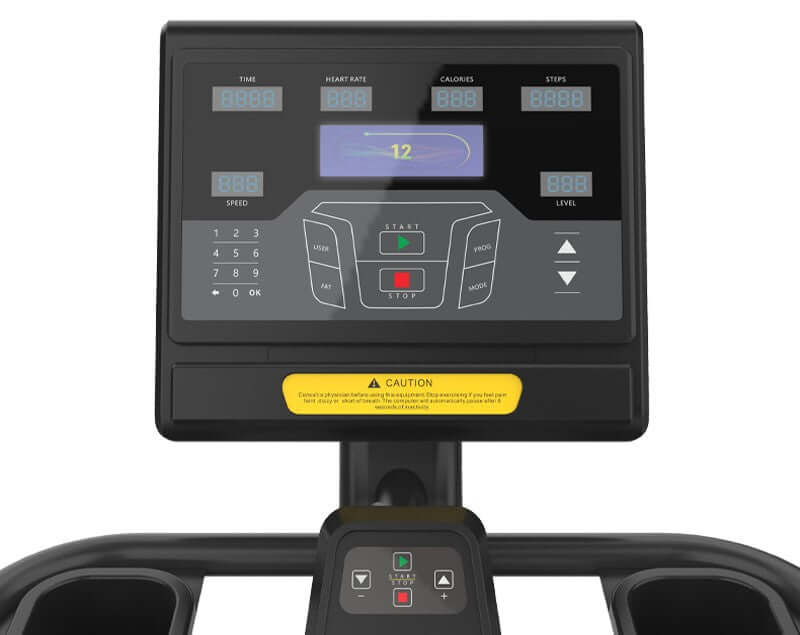 Control panel of X-RIVAL Stairs Climber XS600 showing time, speed, calories, and steps for a full-body workout.