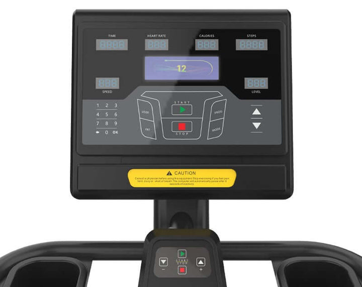 Control panel of X-RIVAL Stairs Climber XS600 showing time, speed, calories, and steps for a full-body workout.