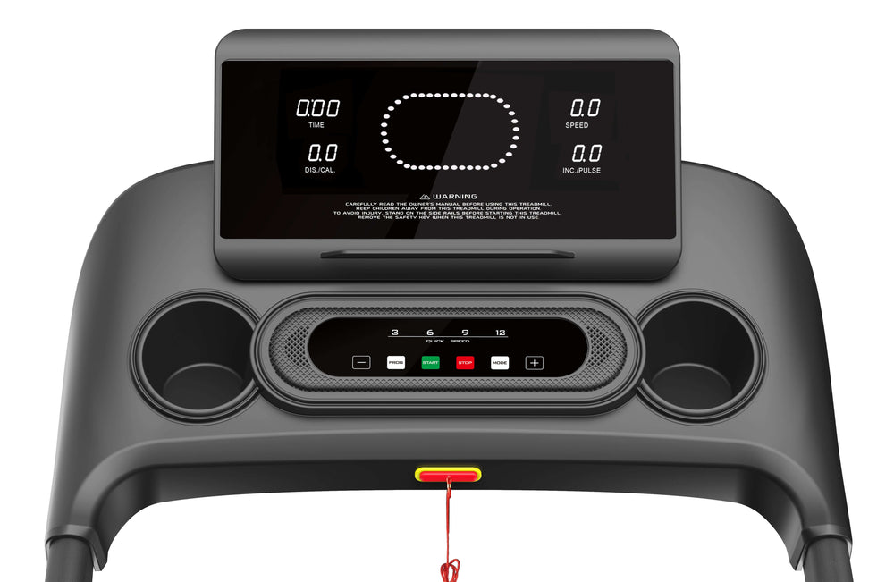 X-RIVAL Treadmill Max Motion K5451 control panel with display, features, and drink holders for home and commercial gym use.