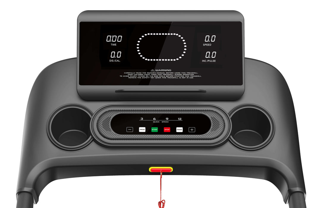 X-RIVAL Treadmill Max Motion K5451 control panel with display, features, and drink holders for home and commercial gym use.