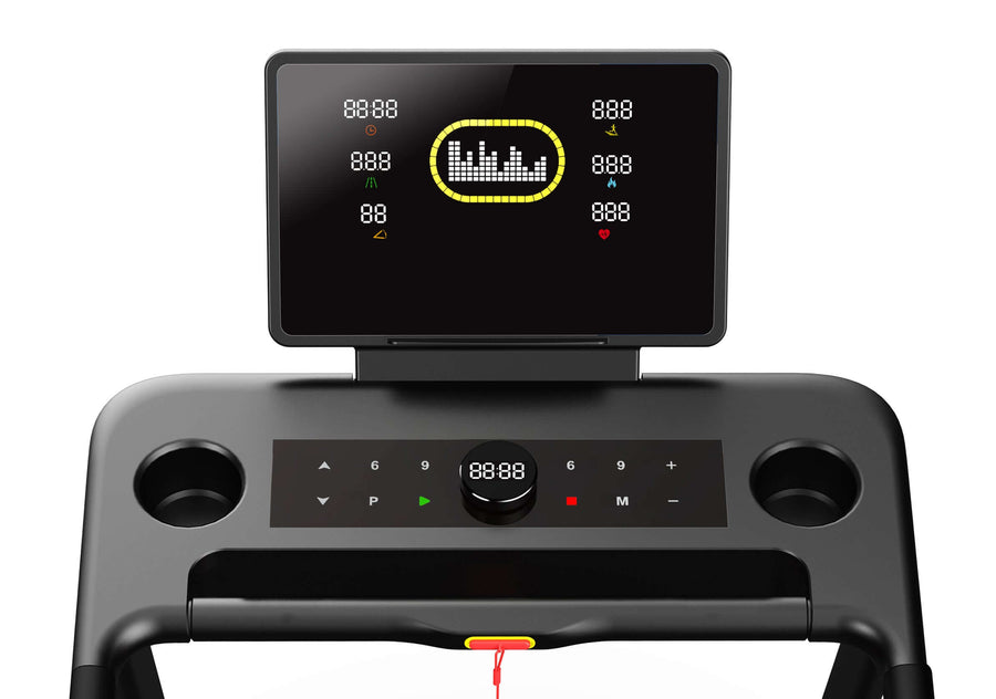 Close-up of X-RIVAL treadmill's display panel featuring speed, distance, and heart rate metrics for a smart workout experience.